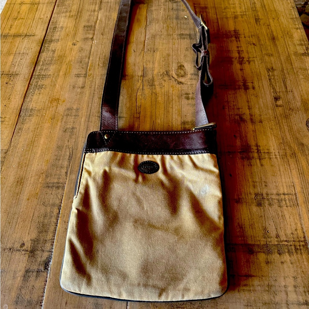 Leather over shoulder Fossil brand leather & cotton travel pouch